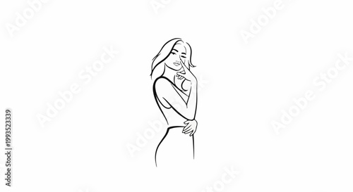 Minimalist line art of a thoughtful woman posing with her hand to her chin