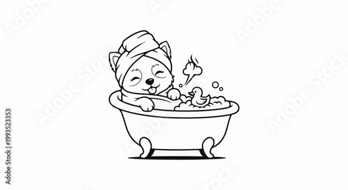 Cute cartoon dog in a bathtub with a rubber ducky
