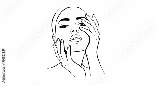 Delicate sketch of a woman's face with hands touching her cheek