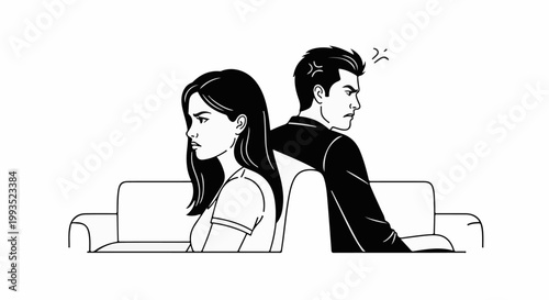 Couple sits on couch, backs turned, showing anger and sadness