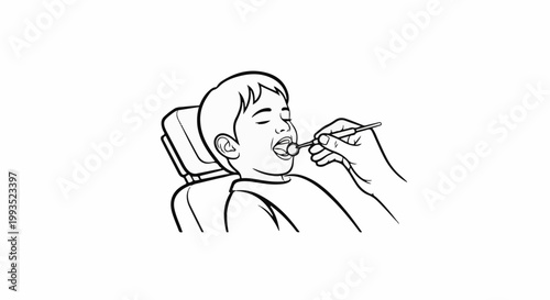 Child in dental chair with mouth open, examined by dentist