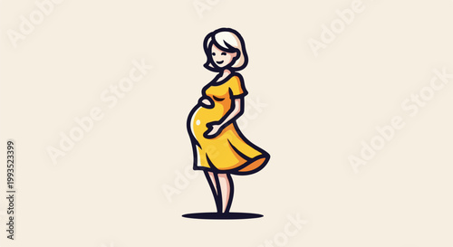 Cheerful pregnant woman in yellow dress with blonde hair