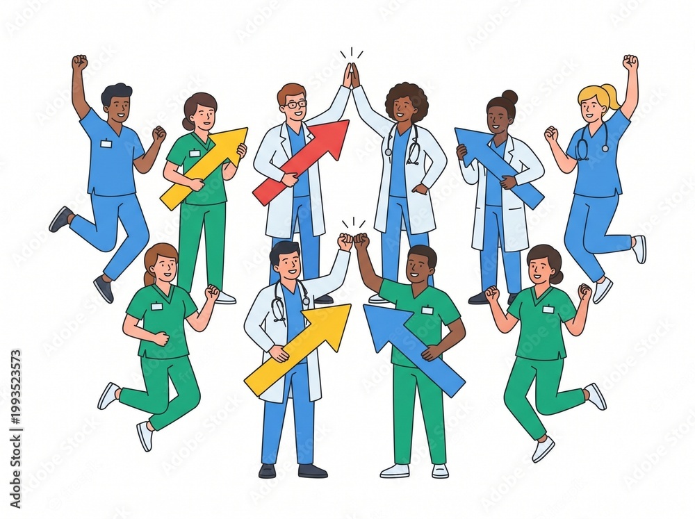 Obraz premium Doctors and nurses celebrate with upward-pointing arrows and fist pumps, vector art isolated on white