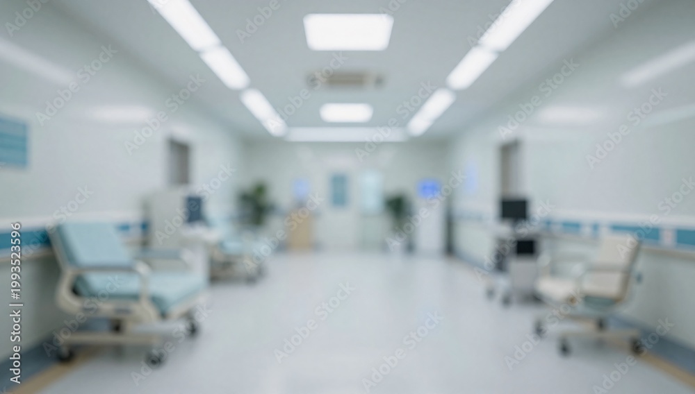 Fototapeta premium Blurry view of a hospital hallway with beds and medical equipment lined up neatly