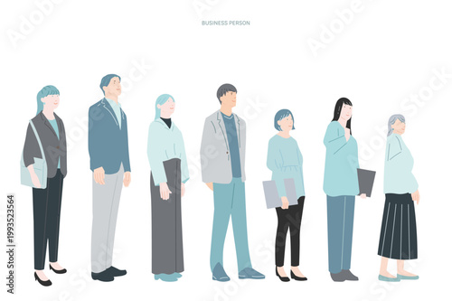 スタートアップのイメージイラストービジネスパーソン全身ー明るい未来を夢見る男女ー白背景イラスト素材
