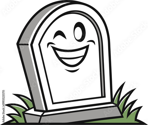 Humorous tombstone character winking with a happy face surrounded by green grass for Halloween