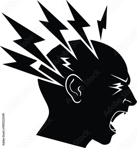 Intense silhouette of a human head yelling with electrical bolts signifying emotional suffering and psychological distress