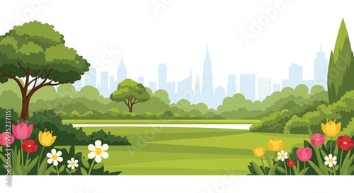 A vibrant park landscape with colorful flowers and a distant city skyline presented in a striking silhouette high quality professional detailed
