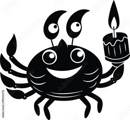 Joyful cartoon crab character celebrating a birthday with a small lit cake
