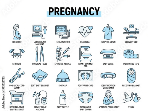 Professional pregnancy and maternity care line icon set featuring prenatal diagnostic tools, hospital delivery equipment, and newborn essentials