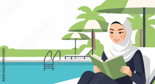Modern Muslim woman wearing a white hijab and black dress sitting on a sun lounger and reading a book by a swimming pool with palm trees, summer vacation and leisure lifestyle illustration.