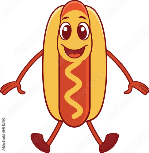 Friendly walking hot dog character with a cheerful smile and simple zigzag condiment design