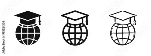 Global education and university icons showing a globe with graduation cap in solid, outline, and sketch variations
