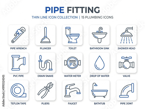 Complete thin line icon collection for professional plumbing services and pipe fitting hardware featuring bathroom fixtures and maintenance tools