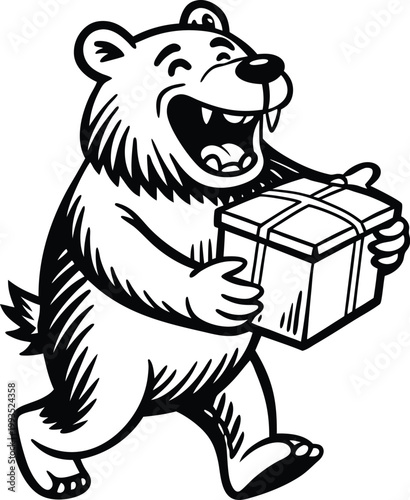 Happy Cartoon Bear Joyfully Carries a Wrapped Present for a Special Celebration