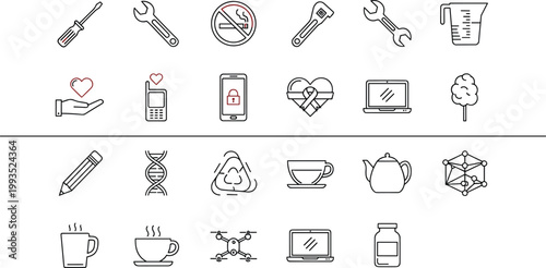 Mixed lifestyle and technology icon set featuring tools health devices recycling coffee science and daily objects vector illustration
