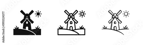 Sustainable wind energy icons depicting a windmill and sun in glyph, outline, and hand-drawn sketch styles