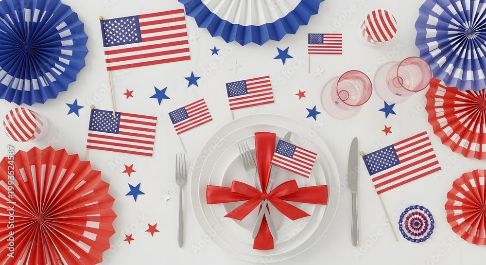 Obraz premium Patriotic memorial day decorations american flags rosettes festive table setting