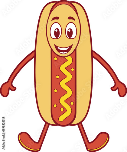 Happy cartoon hot dog character with condiment squiggles and polka dots cheerfully walking