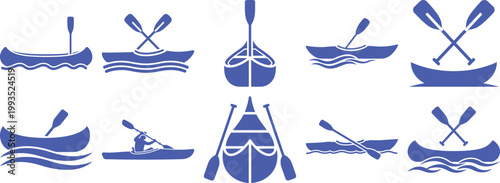 Set of ten stylized canoe and kayak icons with paddles in various positions on white background Vector, illustration