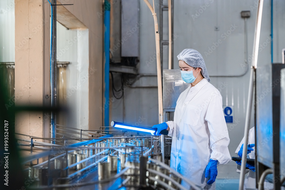 Fototapeta premium Worker in protective gear checks metal racks. Quality control and hygiene standards in modern canned fish processing factory, concept of food safety and industrial manufacturing.