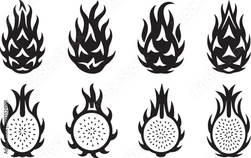 Dragon Fruit with Flame Effect Black Silhouettes set