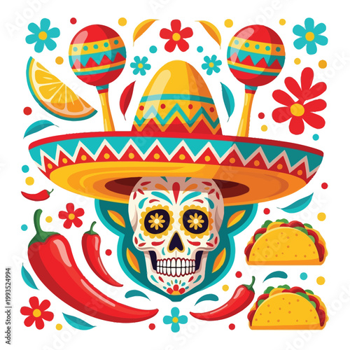 Vibrant cinco de mayo celebration mexican fiesta with skull sombrero traditional foods