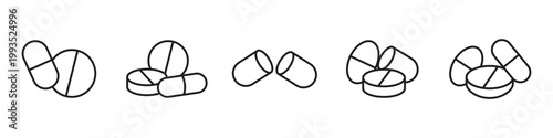 Pills and tablets icon set. Medicine drug pills capsule line style icon. Drug compounds and pharmaceutical products. Editable stroke width