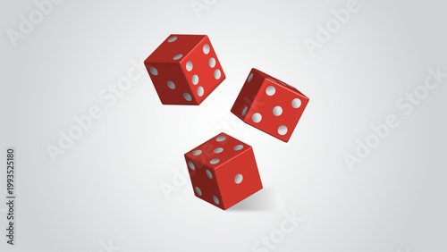 Realistic red dice cubes in motion with shadows, isolated on grey gradient background.