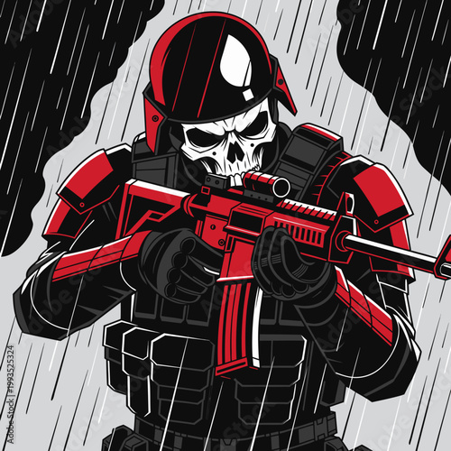 Ghost Soldier: A menacing close-up of a masked soldier in full tactical gear, armed with a rifle and staring intently down the sights, ready for action. The skull mask adds an air of mystery and ... S