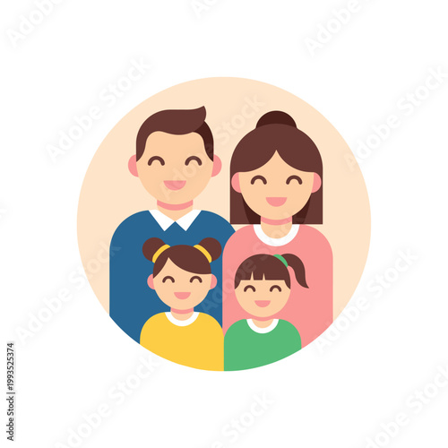 Happy family portrait with parents and two daughters smiling together.