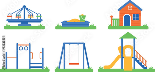 Children Playground Equipment Set with Swing Slide Sandbox Carousel and Playhouse Vector Illustration