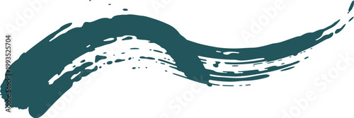 Dark teal paint brush stroke with dry texture and uneven edges isolated on a white background in a horizontal sweeping motion showing rough bristles and splatters of pigment