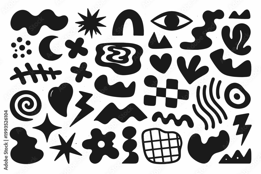 Fototapeta premium Modernist Assortment of Manual Ink Scribbles and Sharp Polygon Forms. Eclectic Mix of Dark Hand-Crafted Visual Assets for Contemporary Branding and Stylized Digital Composition.