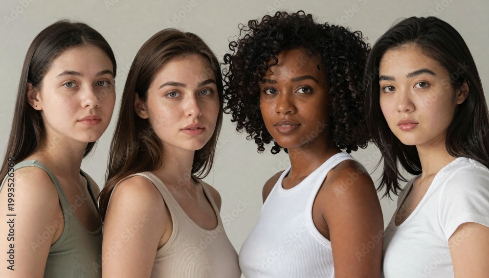 Fototapeta premium Group of diverse young women stand together looking at the camera