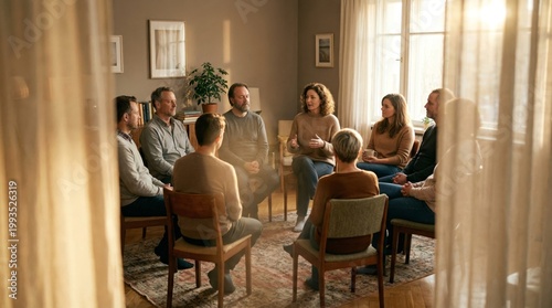 Group therapy session in bright room with people sitting in circle