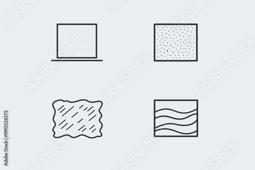 Set of Minimalist Line Icons Representing Various Surface Textures and Material Finishes Including Matte, Grainy, Rough, and Wavy Patterns for Graphic Design, UI, and Product Specification.