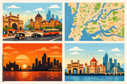 Mumbai Travel Poster Set with Detailed Urban Street Plan City Map and Silhouette Skyline Vector Illustration featuring Gateway of India Taj Mahal Palace Hotel and Bandra-Worli Sea Link at Sunset.