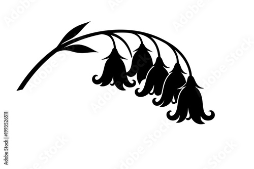 Black Silhouette of a Drooping Bellflower Cluster on a Curved Stem with Elegant Curled Petals, Minimalist Floral Botanical Illustration for Decorative Design, Isolated on White Background