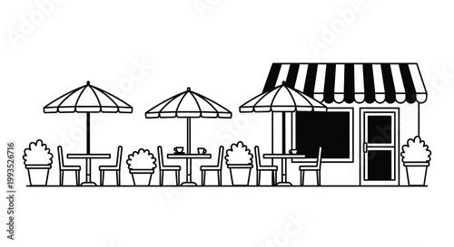Black and white outdoor cafe scene with umbrellas and striped awning silhouette