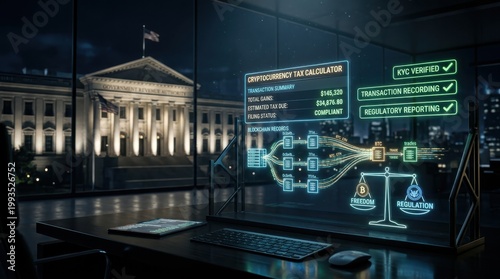 Advanced cryptocurrency tax calculator interface displaying blockchain records and financial data with a symbolic balance of freedom and regulation