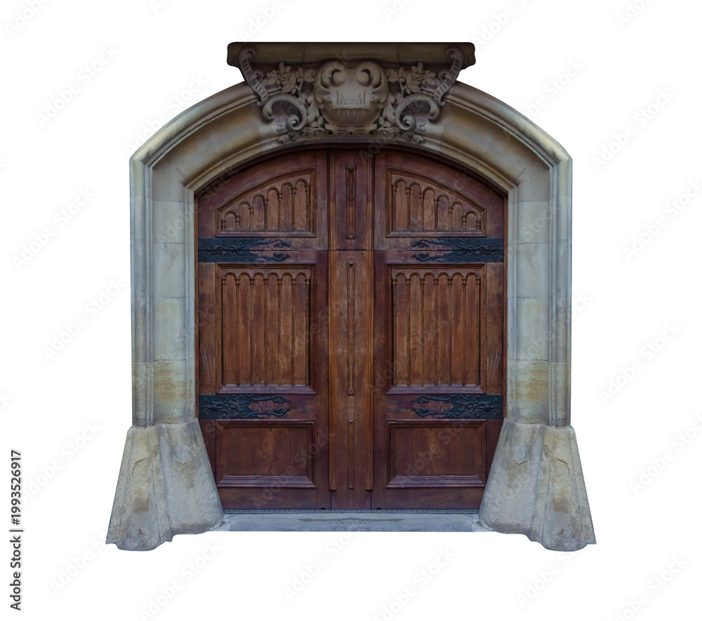 Fototapeta premium Elements of architecture of buildings, antique doors and gates with bars. On the streets in Catalonia, public places.