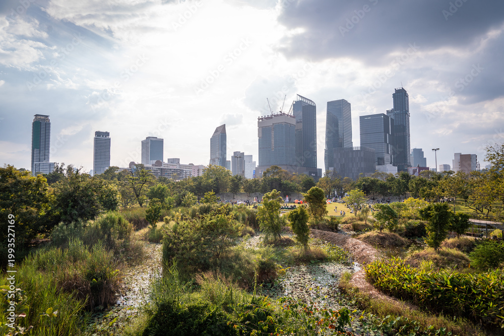 Obraz premium Bangkok Skyline Urban Park Green Trees Overcast Sky Thailand