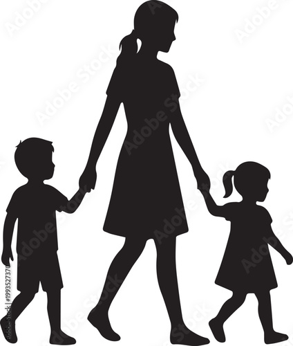 Mother Walking with Children Hand in Hand Silhouette