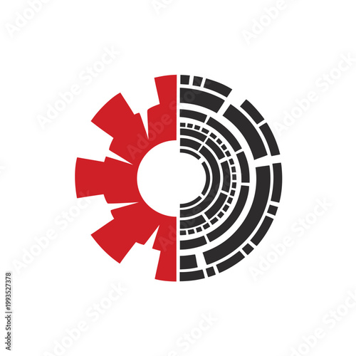 Red gear half and black concentric circular segmented half on white background wheel