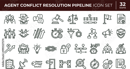 Agent conflict resolution pipeline icon set illustrating mediation negotiation agreement communication decision collaboration management workflow outline vector symbols