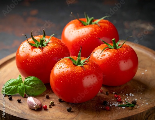 Fresh tomatoes on wooden plate with basil.