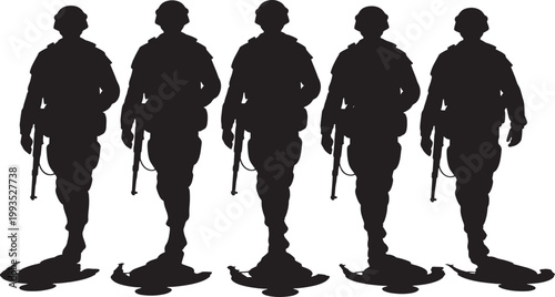 Silhouette of armed soldiers in uniform standing in a row, representing military strength