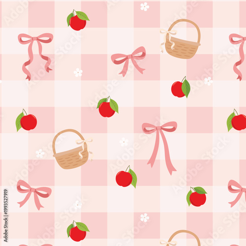Εκτύπωση καμβά Cute Strawberry Picnic Checkerboard Pattern with Bows and Basket on Pink Backgro