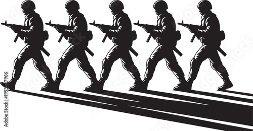 Five armed soldiers in silhouette marching in formation against a bright white background